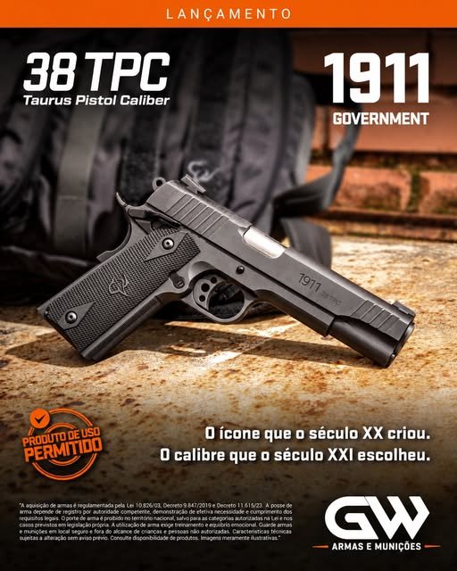 Anúncio da pistola Taurus 1911 Government calibre .38 TPC