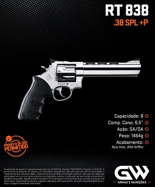 Anúncio do revólver Taurus RT 838, calibre .38 SPL +P